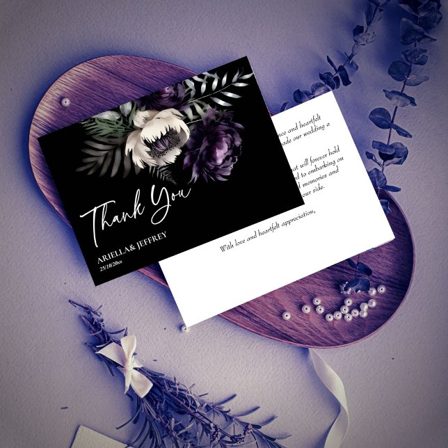 Dunkelmondbraune Hochzeit Dankeskarte (Dark moody boho elegant wedding thank you card purple white peonies black thank you card)