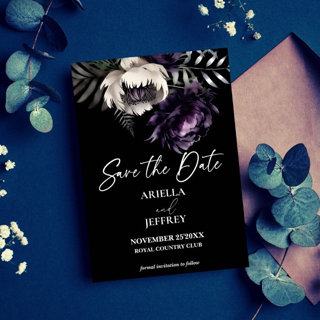 Dunkelmondbraune Hochzeit Save The Date (Dark moody boho elegant purple peonies wedding save the date card editable template digital download)