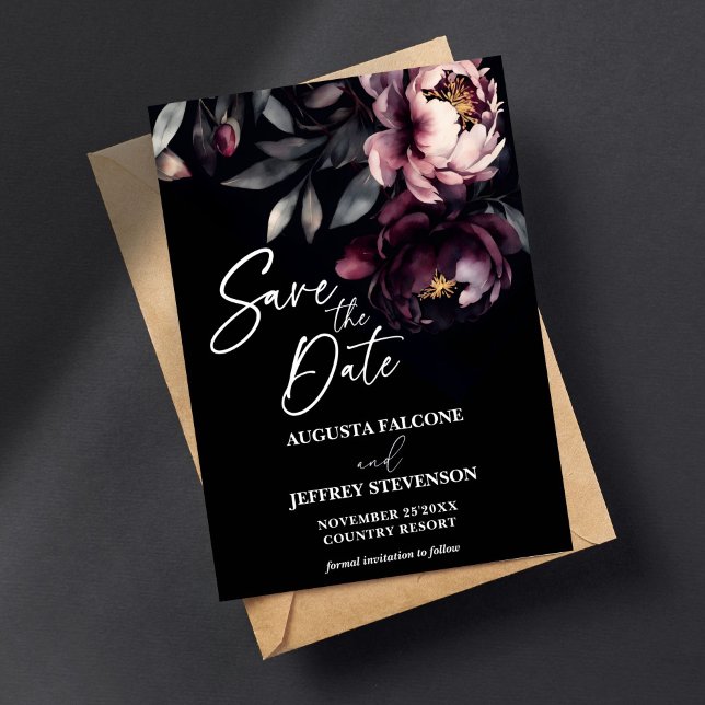 Dunkelmoody noir elegante bordeauxfarbene Pfannkuc Save The Date (Dark moody noir elegant burgundy peonies save the date card editable template digital download)