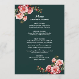 Dunkelmoody, rosa und rote Rosen, grüne Hochzeit Menükarte