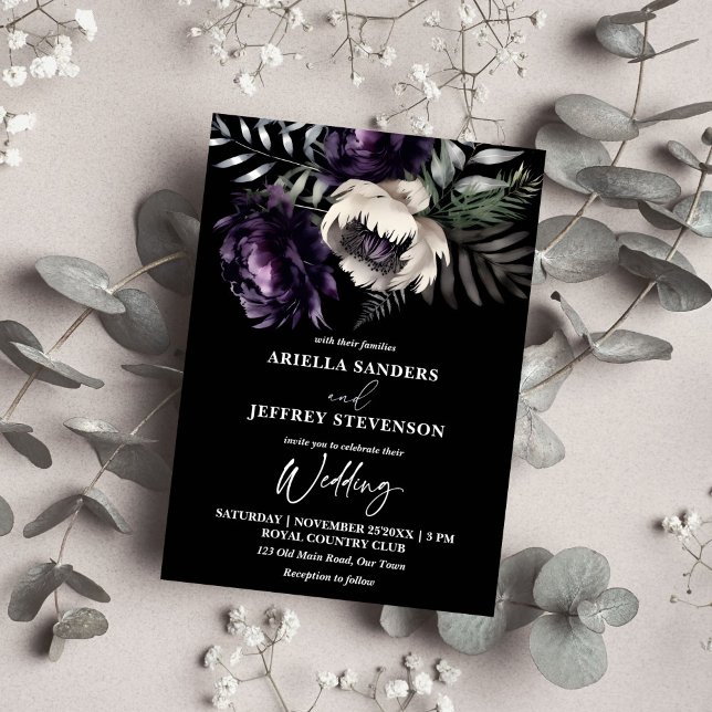 Dunkelmooody boho elegant alles in einer Hochzeit Einladung (Dark moody boho elegant all in one wedding editable template invitation digital download purple)