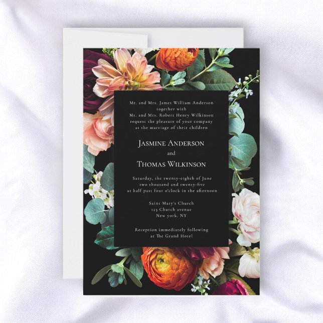 Dunkelmooody romantische niederländische Blumenart Einladung (traditional text where both parents help , moody romantic dutch florals wedding invitation)