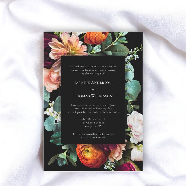 Dunkelmooody romantische niederländische Blumenart Einladung (moody romantic dutch floral wedding invitation with traditional text )