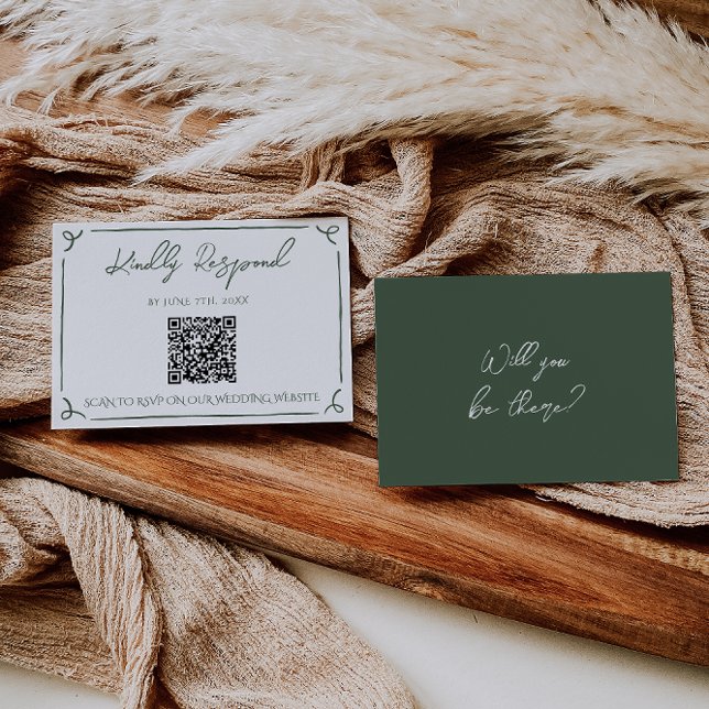 Dunkelmoosgrüne Whimsical Boho QR-Code-Hochzeit RSVP Karte (Von Creator hochgeladen)