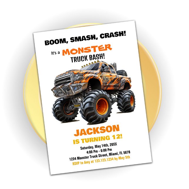Dunkelorange Monster Truck Geburtstagseinladungen Einladung (Dark Orange Monster Truck Birthday Invitations)