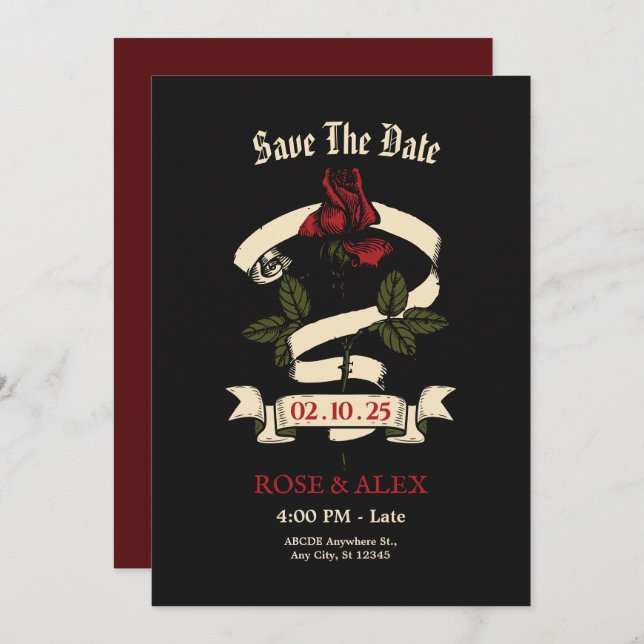 Dunkelromantische Hochzeit der Rose Save The Date (Vorne/Hinten)