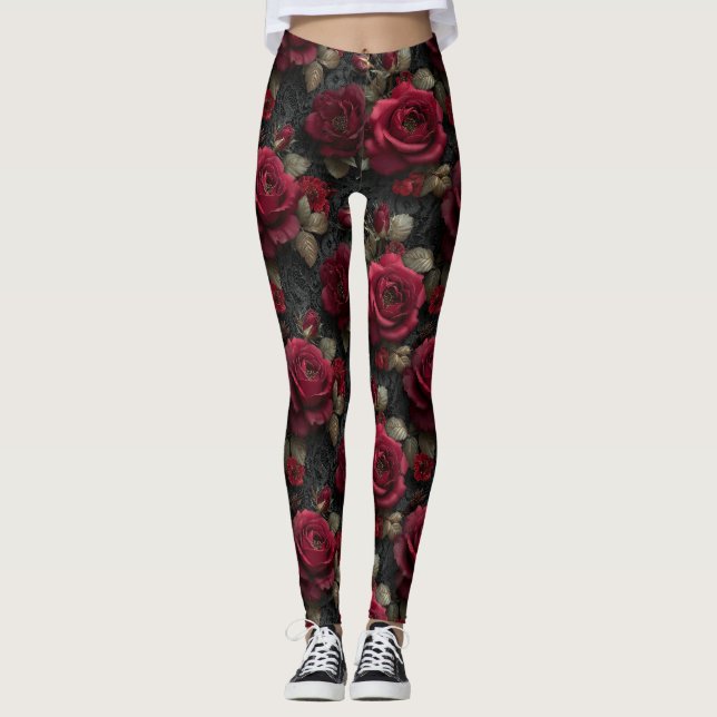 Dunkelromantische Rote Rosen und Buds an der schwa Leggings (Vorderseite)