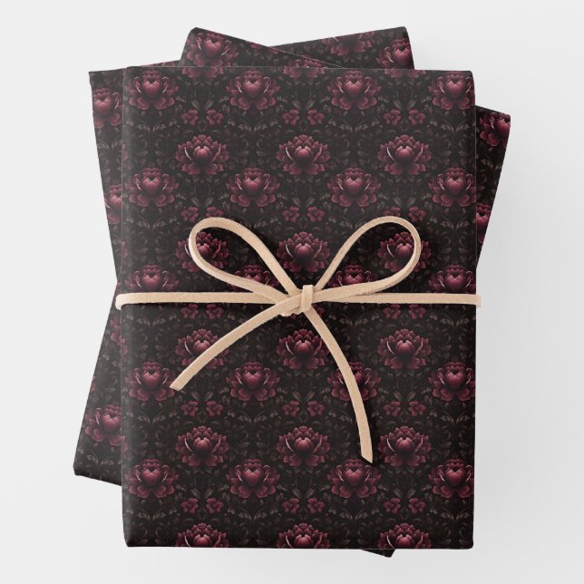 Dunkelrosa Blütendampfer auf schwarz Geschenkpapier Set (Beispiel)