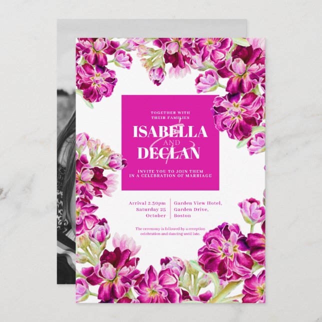 Dunkelrosa Blütenwerk Aquarellfarbenhochzeit Einladung (Vorne/Hinten)