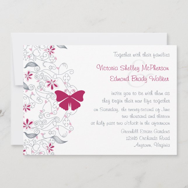 Dunkelrosa Butterfly Whimsy-Einladung Einladung (Vorderseite)