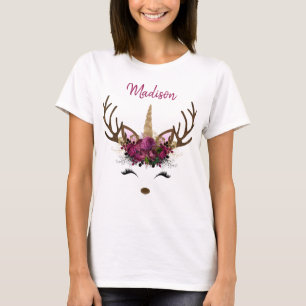 Dunkelrosa Gold Monogram Weihnachts-Einhorn-Rentie T-Shirt