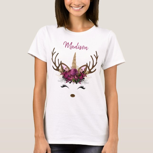 Dunkelrosa Gold Monogram Weihnachts-Einhorn-Rentie T-Shirt (Vorderseite)