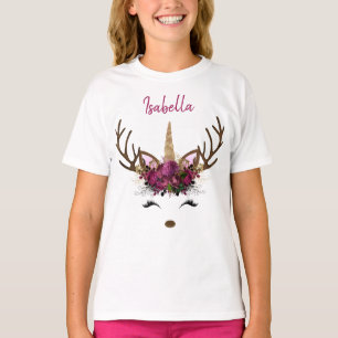 Dunkelrosa Gold Monogram Weihnachts-Einhorn-Rentie T-Shirt