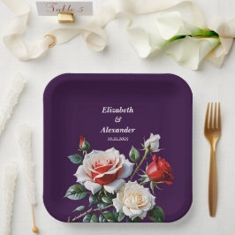 Dunkelrosa Hübsche rote Rosen Blumenhochzeit Pappteller