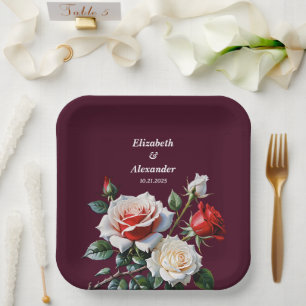 Dunkelrosa Hübsche rote Rosen Blumenhochzeit Pappteller