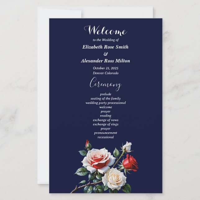 Dunkelrosa Hübsche rote Rosen Hochzeitsprogramm (Vorderseite)