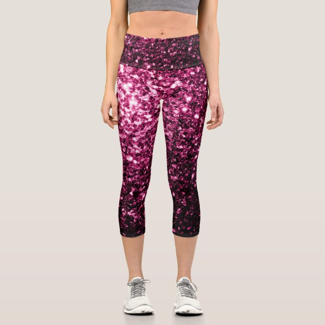 Dunkelrosa Imitate glänzen Glitzer Glitzern Capri Leggings (Vorderseite)