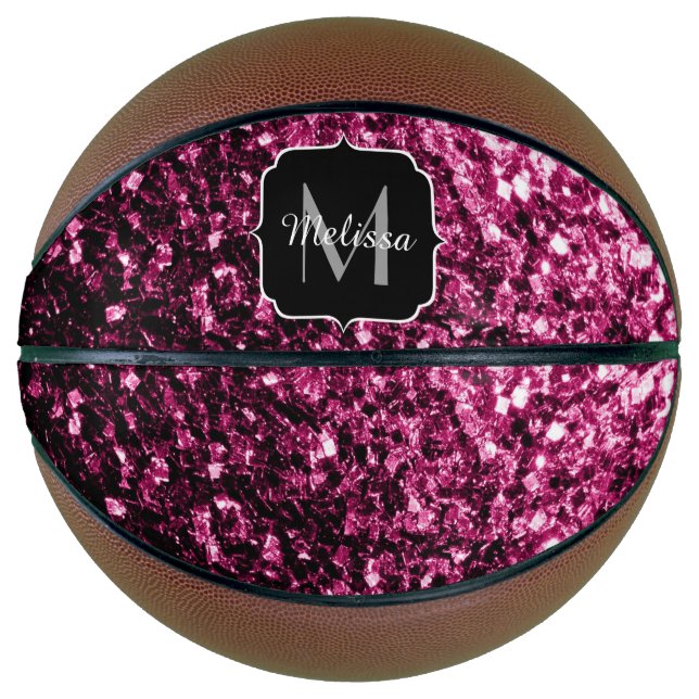 Dunkelrosa Imitate Glitzer funkeln Monogramm-Name Basketball (Vorderseite)