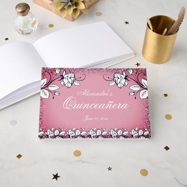 Dunkelrosa Imitate Glitzer White Rose Quinceanera Gästebuch (Vorderseite Offen)