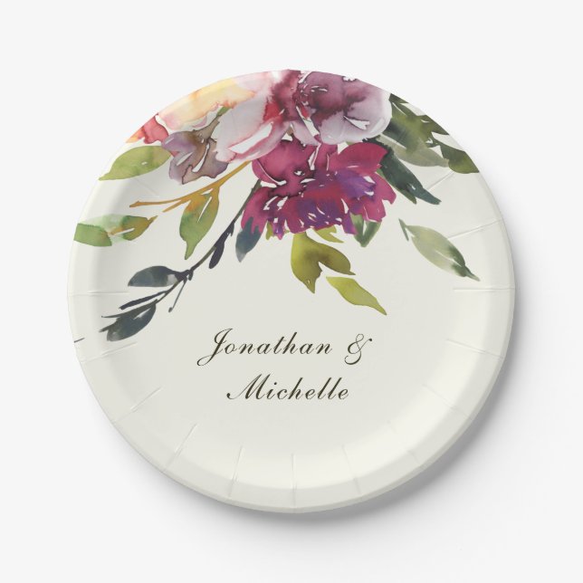 Dunkelrosa Lila Blumenwasserfarbenhochzeit Pappteller (Vorderseite)