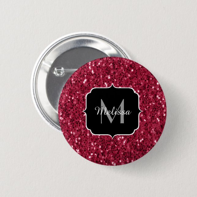 Dunkelrosa Magenta-Imitate Glitzern Monogramm Button (Vorne & Hinten)