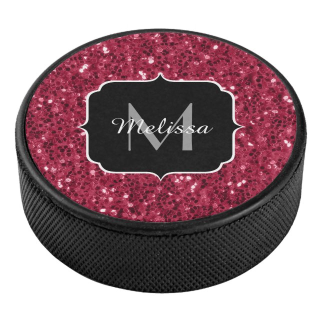 Dunkelrosa Magenta-Imitate Glitzern Monogramm Eishockey Puck (3/4)