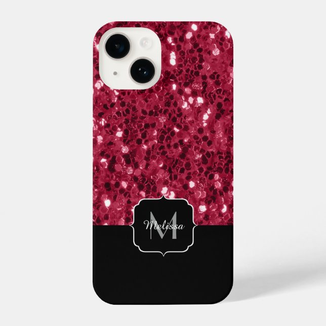 Dunkelrosa Magenta-Imitate Glitzern Monogramm iPhone Hülle (Rückseite)