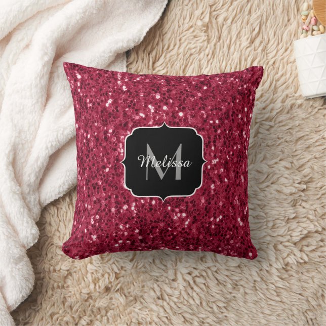 Dunkelrosa Magenta-Imitate Glitzern Monogramm Kissen (Decke)