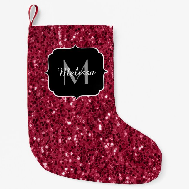 Dunkelrosa Magenta-Imitate Glitzern Monogramm Kleiner Weihnachtsstrumpf (Vorderseite)