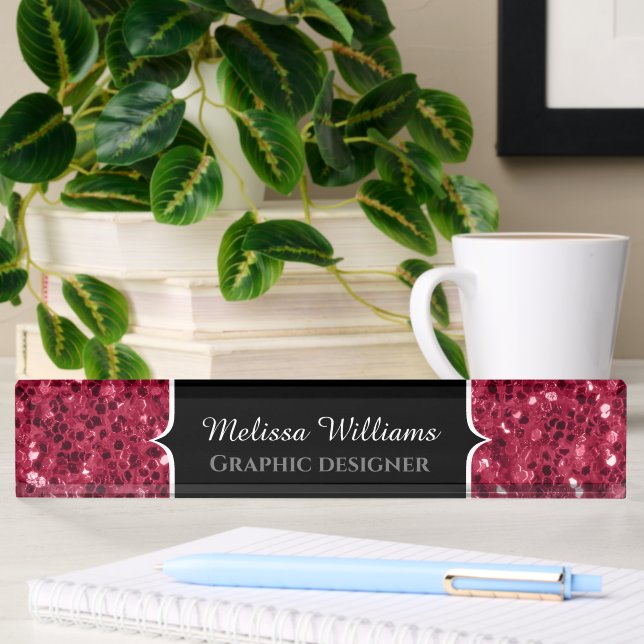 Dunkelrosa Magenta-Imitate Glitzern Monogramm Namensplakette
