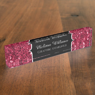 Dunkelrosa Magenta-Imitate Glitzern Monogramm Namensplakette