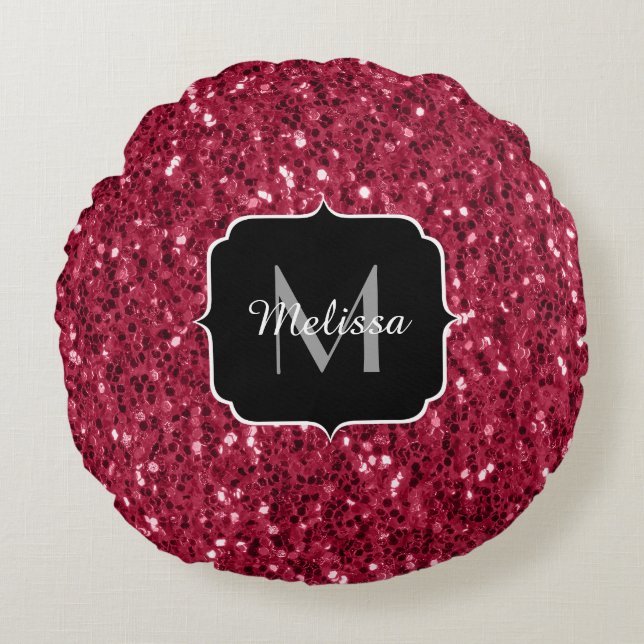 Dunkelrosa Magenta-Imitate Glitzern Monogramm Rundes Kissen (Vorderseite)