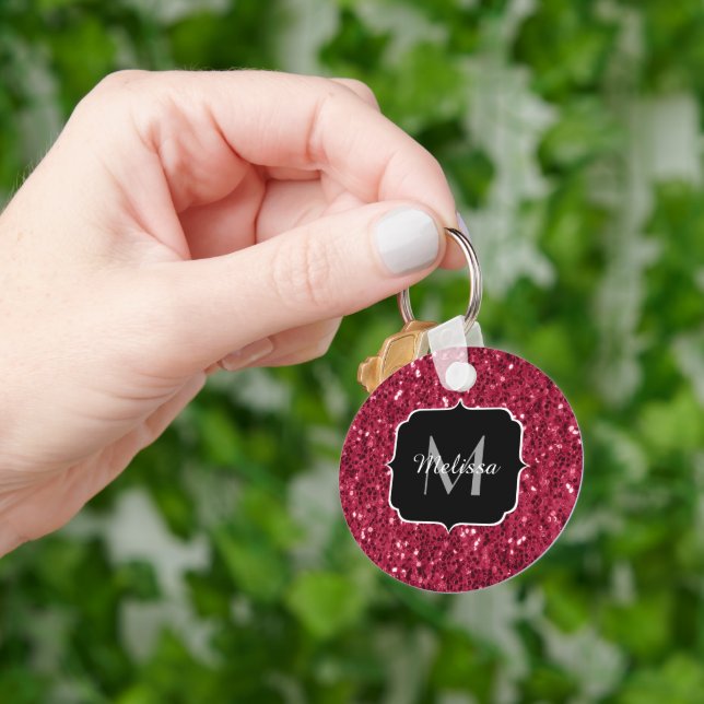 Dunkelrosa Magenta-Imitate Glitzern Monogramm Schlüsselanhänger (Hand)