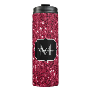 Dunkelrosa Magenta-Imitate Glitzern Monogramm Thermosbecher