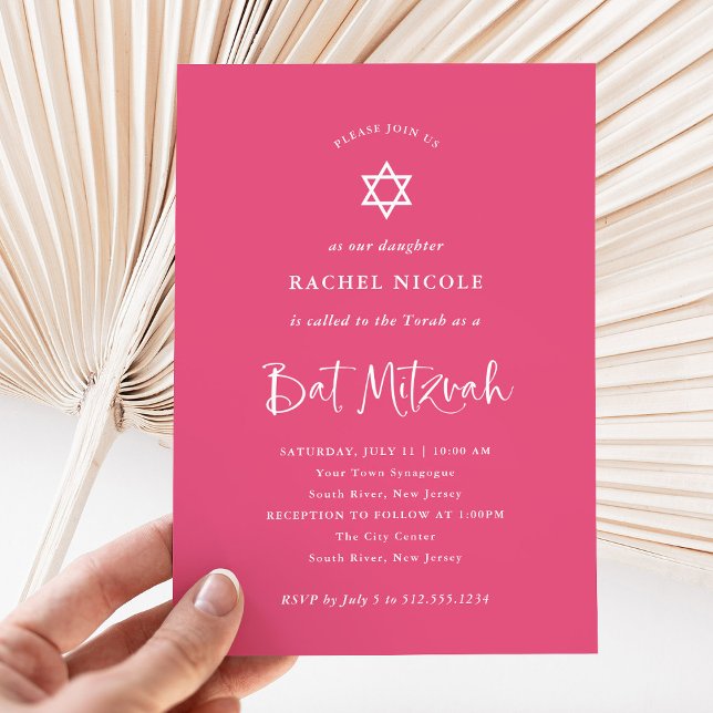 Dunkelrosa mit weißer Kalligrafie | Bat Mitzvah Einladung (A pretty, dark pink Bat Mitzvah invitation with elegant white calligraphy and a Star of David)