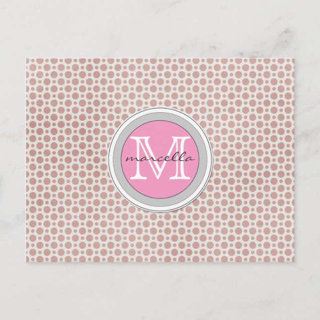 dunkelrosa Punkte hellrosa Monogramm Postkarte (Vorderseite)