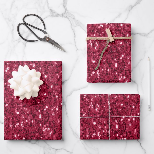 Dunkelrosa rote Magenta Imitate Glitzern Glitzer Geschenkpapier Set (Vorderseite)