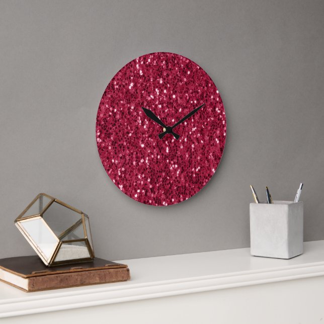 Dunkelrosa rote Magenta Imitate Glitzern Glitzer Große Wanduhr (Büro)