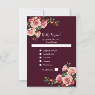 Dunkelrosa und rote Rosen bordeauxrote Hochzeit RSVP Karte