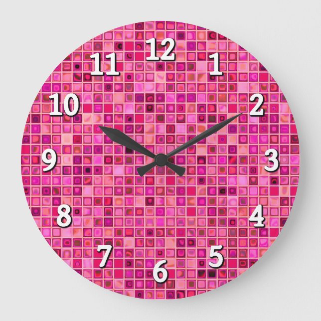 dunkelrosa "Watery"-Mosaikfliesen Große Wanduhr (Vorderseite)