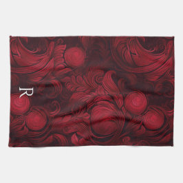 Dunkelrot Abstraktes Drehmuster Mit Monogramm Geschirrtuch