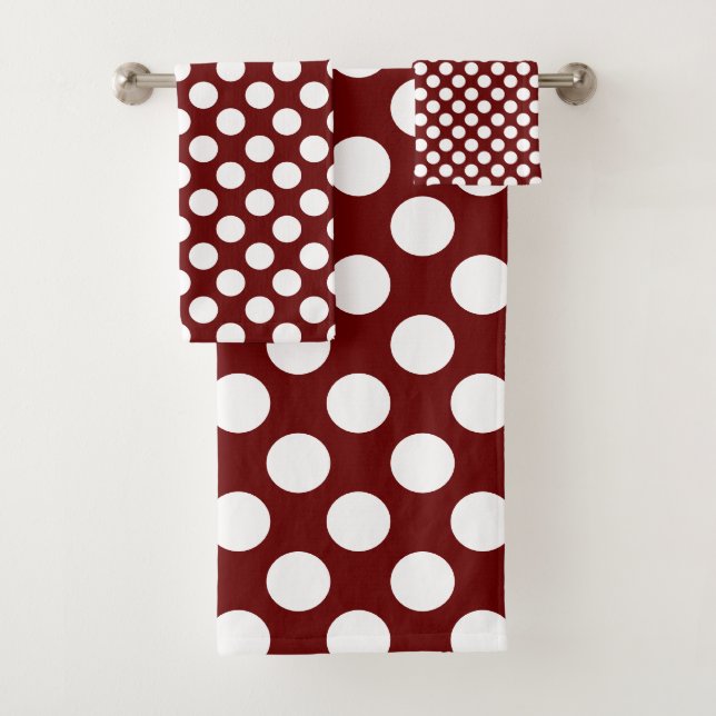 Dunkelrot : Grosses weißes Polka Dot Pattern Badhandtuch Set (Insitu)