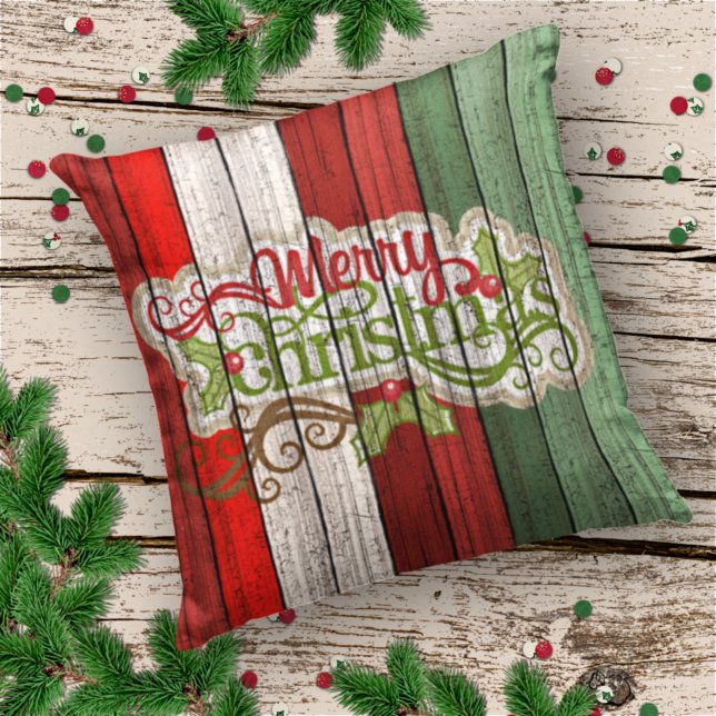 Dunkelrot-grünes Weathered-Holzplanken-Muster Kissen (Von Creator hochgeladen)