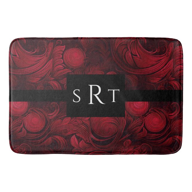 Dunkelrot Mit Monogramm Abstraktes Muster Badematte (Vorderseite)