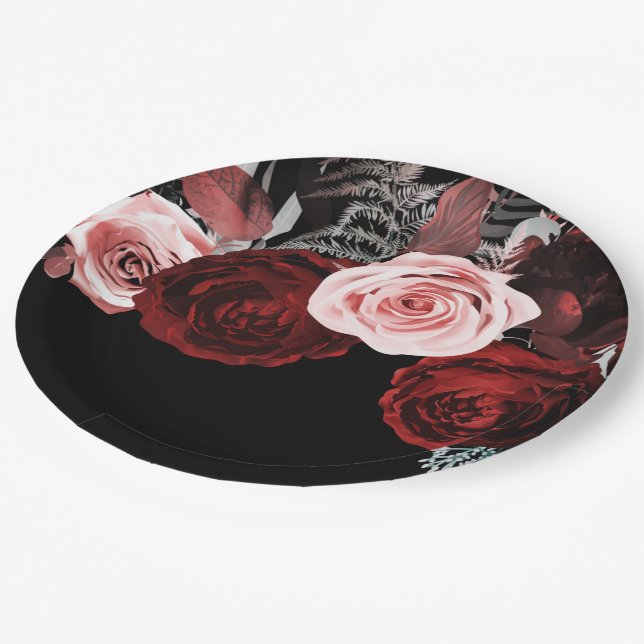 Dunkelrot-rosa Blume Blumengrün Hochzeit Pappteller (Schrägansicht)
