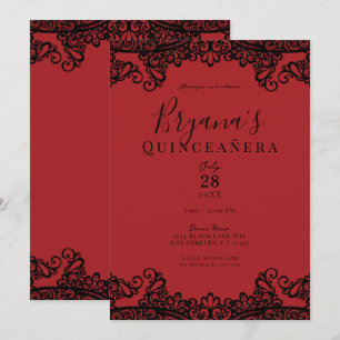 Dunkelrot & schwarze Schleife Elegante Quinceañera Einladung