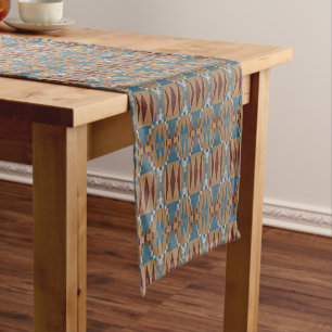 Dunkelrot Türkis Blau Taupe Braun Stammes-Mosaik-K Kurzer Tischläufer