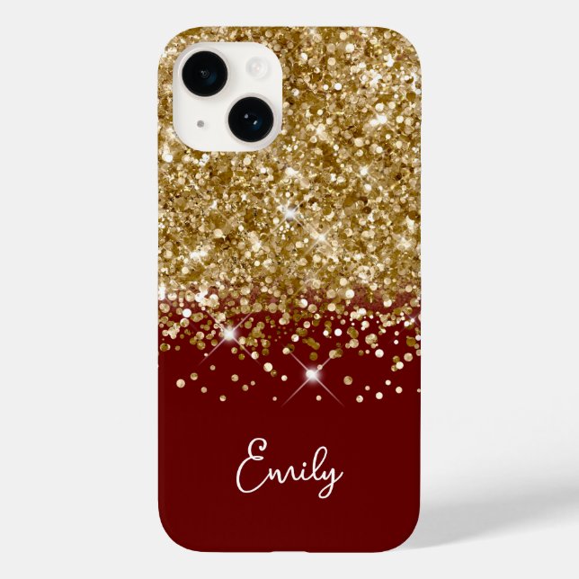 Dunkelrot und Gold Glitzer Glam Case-Mate iPhone Hülle (Rückseite)