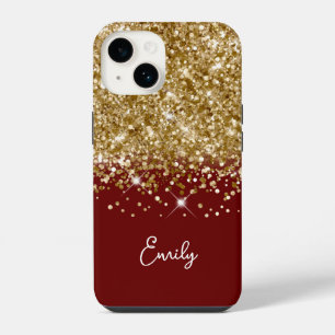 Dunkelrot und goldener Glitter Glam iPhone 14 Hülle