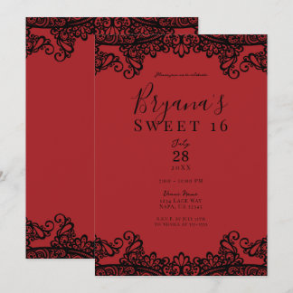 Dunkelrot und schwarze Spitzen Masquerade Sweet 16 Einladung